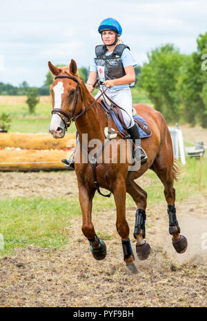 Saint Cyr du Doret, France - le 29 juillet 2016 : Cavalier sur son cheval au galop lors d'une manisfestation de cross-country Banque D'Images