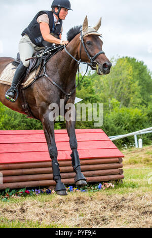 Saint Cyr du Doret, France - le 29 juillet 2016 : Woman riding horse plus obstacle à l'émission cross country event Banque D'Images