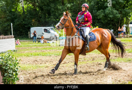 Saint Cyr du Doret, France - le 29 juillet 2016 : Cavalier sur son cheval au galop lors d'une manisfestation de cross-country Banque D'Images