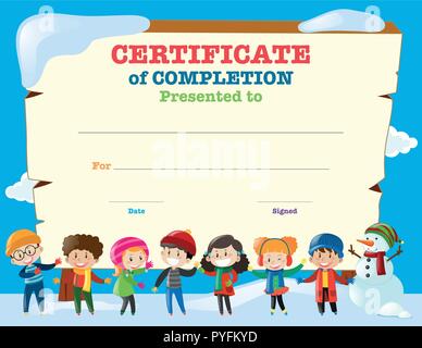 Modèle de certificat avec des enfants heureux en hiver illustration Illustration de Vecteur