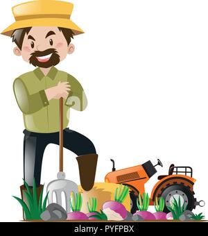 Agriculteur et le tracteur dans l'illustration de la ferme Illustration de Vecteur