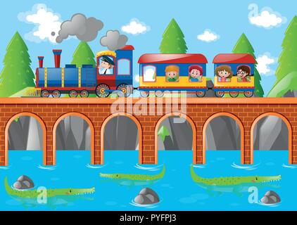 Enfants assis sur le train sur le pont illustration Illustration de Vecteur