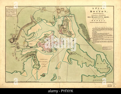 Vintage Maps / Cartes anciennes - un plan de Boston, et de ses environs : qui fais la situation réelle de l'armée de Sa Majesté, et aussi ceux des rebelles ca. 1776 Banque D'Images