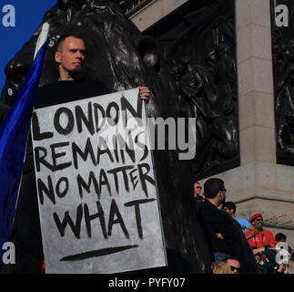 Londres, Royaume-Uni - 20 octobre 2018 : l'homme détient la bannière 'Londres demeure peu importe ce qu' Trafalgar Square, Londres Banque D'Images