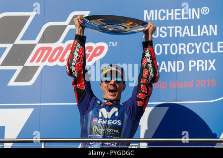 Melbourne, Australie. Dimanche, 28 octobre, 2018. Phillip Island, Australie. Maverick Viñales (Movistar Yamaha MotoGP) célèbre la victoire à Phillip Island le Grand Prix. Credit : Russell Hunter/Alamy Live News Banque D'Images