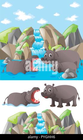 Famille d'hippopotames à la cascade illustration Illustration de Vecteur