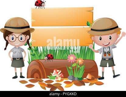 Panneau en bois avec garçon et fille dans safari outfit illustration Illustration de Vecteur