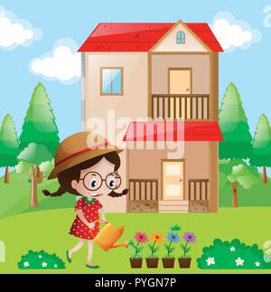 Little girl watering flowers in garden illustration Illustration de Vecteur