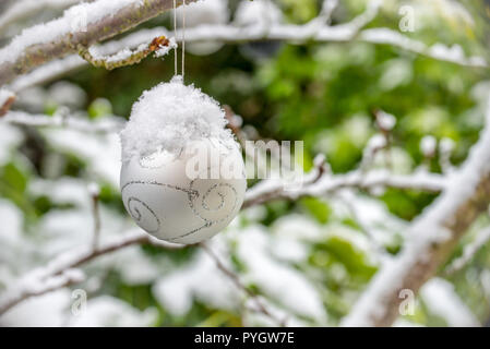 Boule de Noël recouvert de neige, suspendu à une branche d'un arbre dans un jardin Banque D'Images