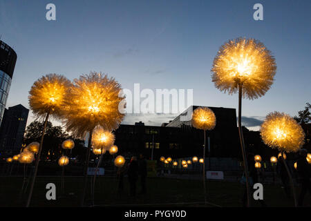 Essen, Allemagne. 27 octobre 2018. Pissenlits géants fabriqués à partir de déchets plastiques par French-Filipino Olivia artiste d'Aboville. Le festival lumière Essen 2018 avec beaucoup d'art de la lumière des installations partout dans le centre-ville jusqu'au 4 novembre 2018. Banque D'Images