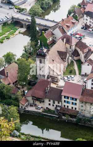 Vue aérienne de l'Saint-Hippolyte sur le Doubs, France, Europe. Banque D'Images