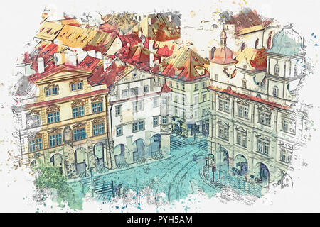 Aquarelle ou illustration de la vue sur l'architecture ancienne de Prague. Rue de la ville avec la route, les voitures et les gens. La vie quotidienne. Banque D'Images