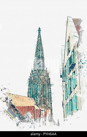 Illustration ou d'aquarelle. Vue de l'église Lamberti et vieilles maisons sur la rue de la ville, anciens de l'Principalemark à Muenster en Allemagne. L'architecture ancienne traditionnelle allemande. Banque D'Images