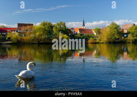Trennfeld (partie de Triefenstein) : vue sur la rivière Main et l'église St Georg, District de Main-Spessart, Basse-Franconie, Bavière, Allemagne Banque D'Images