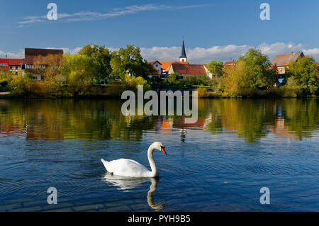 Trennfeld (partie de Triefenstein) : vue sur la rivière Main et l'église St Georg, District de Main-Spessart, Basse-Franconie, Bavière, Allemagne Banque D'Images
