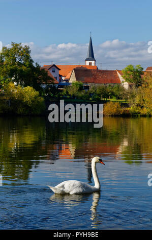 Trennfeld (partie de Triefenstein) : vue sur la rivière Main et l'église St Georg, District de Main-Spessart, Basse-Franconie, Bavière, Allemagne Banque D'Images