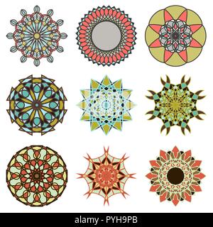 Ensemble de six colorés décoratifs abstraits mandala isolé sur le fond blanc, dessin à la main vector illustration Illustration de Vecteur