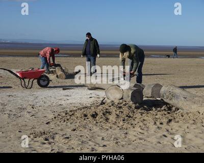 La collecte de bois de dérive hommes Burnham on sea beach Banque D'Images