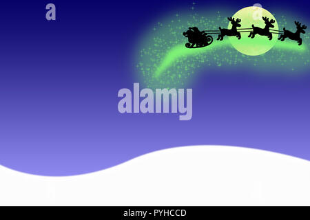 Carte joyeux Noël père noël volant dans les airs sur un traîneau avec des cerfs isolé sur un fond bleu avec de la neige Banque D'Images