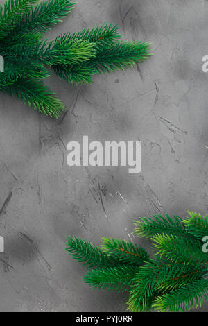 Branches de sapin sur fond gris béton. L'espace pour poser à plat du texte. Banque D'Images