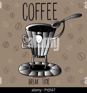 tasse à café avec café et l'espace vole sur un vol soucoupe avec une cuillère sur fond marron Illustration de Vecteur