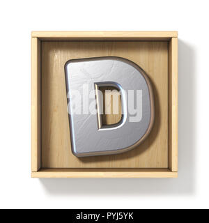 Silver metal lettre D dans la boîte en bois 3D render illustration isolé sur fond blanc Banque D'Images