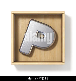 Silver metal lettre P dans un coffret en bois 3D render illustration isolé sur fond blanc Banque D'Images