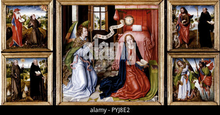 Maître de la Légende de sainte Ursule, triptyque de l'Annonciation, vers 1483 huile sur bois, Indianapolis Museum of Art, USA. Banque D'Images