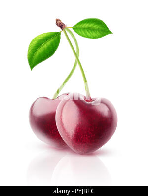 Deux baies isolées. Paire de fruits cerise en forme de coeur sur une tige isolé sur fond blanc avec clipping path Banque D'Images