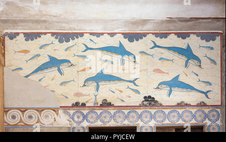 Fresque des dauphins, Bath Hall, Palais Minoen de Knossos, Héraklion (Irakleio), Région Irakleio, Crète, Grèce (Crète) Banque D'Images