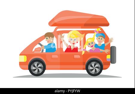 Heureuse famille voyageant en voiture rouge. Télévision vecteur Illustration de Vecteur