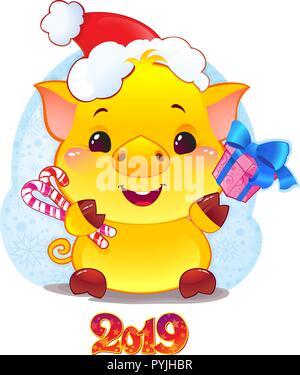 Cochon de terre jaune avec boîte-cadeau pour la nouvelle année 2019. Joli symbole de l'horoscope chinois. Illustration de Vecteur