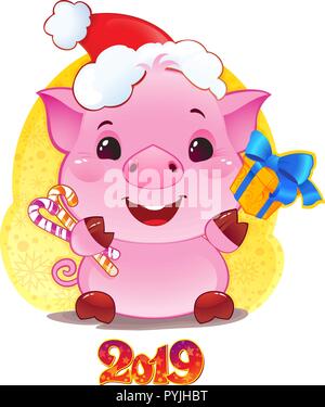 Porc avec boîte-cadeau pour la nouvelle année 2019. Joli symbole de l'horoscope chinois. Illustration de Vecteur