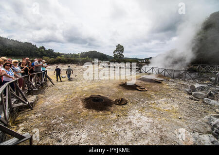 Açores - Juin 2018 : énergie géothermique dans cuisine Fumarolas da Lagoa das Furnas sur l'île de São Miguel, aux Açores. Banque D'Images