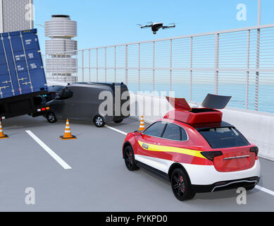 Electric Rescue SUV publié drone pour enregistrer accident de voiture sur l'autoroute. Le rendu 3D image. Banque D'Images