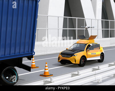 Electric Rescue SUV publié drone pour enregistrer accident de voiture sur l'autoroute. Le rendu 3D image. Banque D'Images