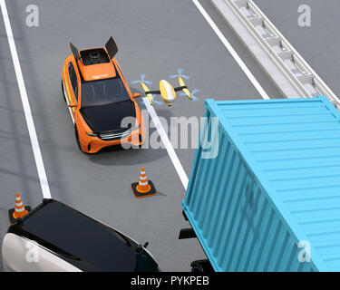 Electric Rescue SUV publié drone pour enregistrer accident de voiture sur l'autoroute. Le rendu 3D image. Banque D'Images