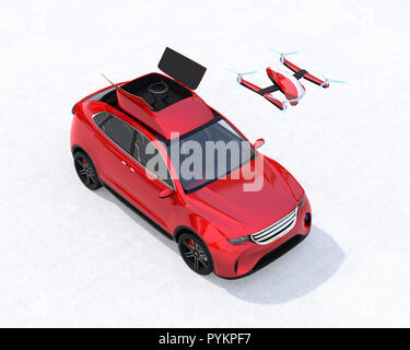 Drone Quadcopter décoller d'electric rescue SUV sur fond blanc. Le rendu 3D image. Banque D'Images