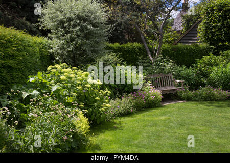 Boarder d'été en jardin anglais avec banc en bois ,Angleterre,Europe Banque D'Images