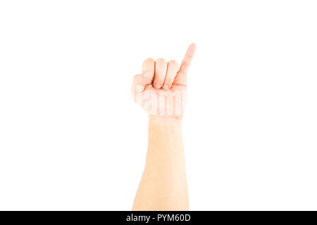 Asian male part montrant petit doigt signifie promesse sur fond blanc avec chemin de détourage. Banque D'Images