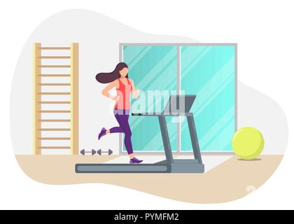 Belle jeune femme s'exécutant sur un tapis roulant dans une salle de sport. Fille d'exécution. Vector illustration style de télévision Illustration de Vecteur