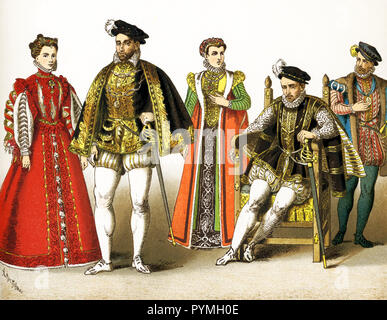 Les chiffres représentés ici sont tous les français entre 1550 et 1600. Ils sont de gauche à droite : Elizabeth (Elizabeth aussi de Valois, fille de Henri II, troisième épouse de Philippe II d'Espagne), Henri II (mort en 1559) ; l'épouse de Charles IX ; Charles IX et Charles IX (mort en 1574). Cette illustration dates pour 1882. Banque D'Images