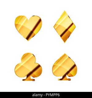 Jeu de carte d'or brillant icônes tels que le coeur, diamant, bêches et clubs on white Illustration de Vecteur