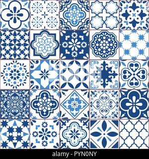 Azulejo Lisbonne carreaux motif géométrique du vecteur, Portugais ou Espagnol retro vieilles tuiles de mosaïque, transparente design bleu marine Méditerranée Illustration de Vecteur