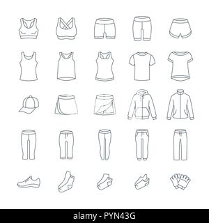 Des vêtements décontractés pour femmes une formation de remise en forme. Vêtements de base pour séance de gym. Vector fine ligne d'icônes. Aperçu équipement pour active girl. Sport style linéaire Illustration de Vecteur