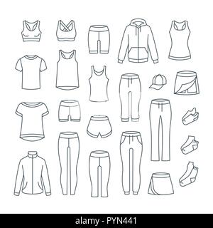 Des vêtements décontractés pour femmes une formation de remise en forme. Vêtements de base pour séance de gym. Vector fine ligne d'icônes. Aperçu équipement pour active girl. Sport style linéaire Illustration de Vecteur