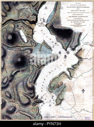 Vintage Maps / Cartes anciennes - Plan de l'attaque des forts Clinton & Montgomery, sur la rivière Hudson, qui ont été pris d'assaut par les forces de Sa Majesté sous le commandement de Sir Henry Clinton, K.B., au 6ème d'octr. 1777. Banque D'Images