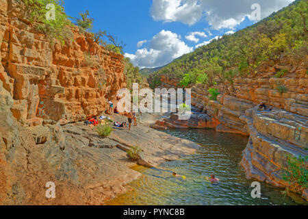 Ravin dans les basses montagnes de l'Atlas près d'Agadir, connue sous le nom de, et commercialisés sous le nom, la vallée du Paradis, au Maroc, Afrique du Nord-Ouest. Banque D'Images