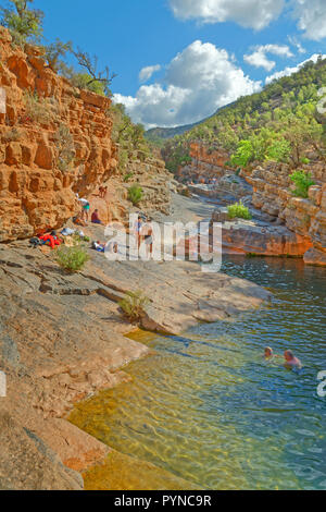 Ravin dans les basses montagnes de l'Atlas près d'Agadir, connue sous le nom de, et commercialisés sous le nom, la vallée du Paradis, au Maroc, Afrique du Nord-Ouest. Banque D'Images