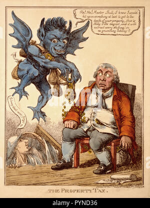 Caricature montre une prospère John Bull assis sur une chaise comme un démon bleu plane au-dessus de lui à l'aide d'un aimant pour retirer les pièces de la poche de gilet de Bull. Le fantôme de William Pitt s'élève du plancher en disant 'Johnny n'oublierai jamais.' Banque D'Images